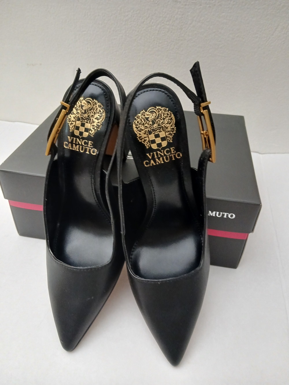 Vince Camuto Black Leather Pointed Slingback Pumps with Gold Buckles - Picture 9 of 11